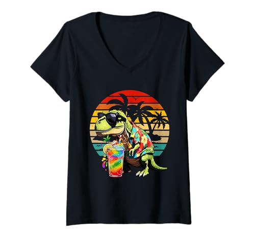 Damen Sunset Retro T-Rex Drinking Cocktail Funny Summer Vacation T-Shirt mit V-Ausschnitt Damen Sunset Retro T-Rex Drinking Cocktail Funny Summer Vacation T-Shirt mit V-Ausschnitt von Dinosaur Vacations Costume