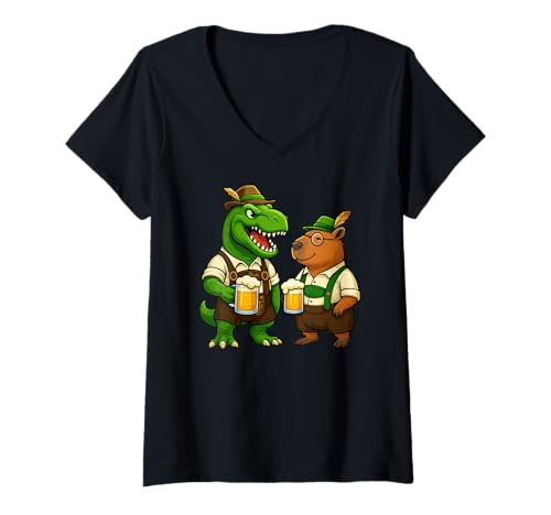 Damen Dinosaurier Capybara Trex Bayerisch Deutsch Kostüm Bier Jungen Herren T-Shirt mit V-Ausschnitt Damen Dinosaurier Capybara Trex Bayerisch Deutsch Kostüm Bier Jungen Herren T-Shirt mit V-Ausschnitt von DinosaurAxis1