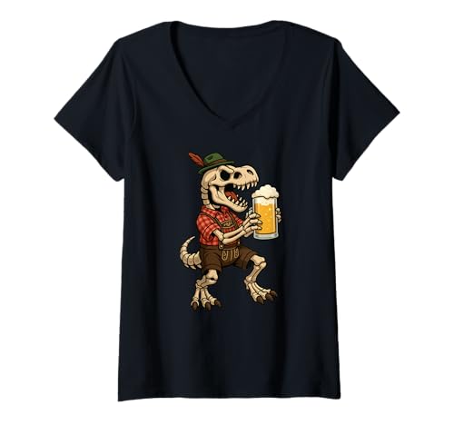 Damen Dinosaurier Skelett Trex Bier Bayerisch Deutsch Kostüm Jungen Herren T-Shirt mit V-Ausschnitt Damen Dinosaurier Skelett Trex Bier Bayerisch Deutsch Kostüm Jungen Herren T-Shirt mit V-Ausschnitt von DinosaurAxis1