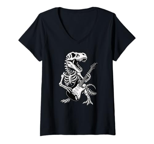 Damen Dinosaurier Skelett Trex Halloween E-Gitarre Jungen Mädchen T-Shirt mit V-Ausschnitt Damen Dinosaurier Skelett Trex Halloween E-Gitarre Jungen Mädchen T-Shirt mit V-Ausschnitt von DinosaurAxis1