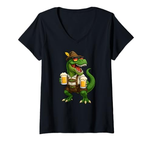 Damen Dinosaurier Trex Bayerisch Deutsch Kostüm Bier Jungen Herren T-Shirt mit V-Ausschnitt Damen Dinosaurier Trex Bayerisch Deutsch Kostüm Bier Jungen Herren T-Shirt mit V-Ausschnitt von DinosaurAxis1