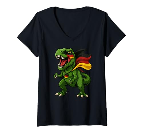 Damen Dinosaurier Trex Deutschland Flagge Jungen Mädchen Kinder T-Shirt mit V-Ausschnitt Damen Dinosaurier Trex Deutschland Flagge Jungen Mädchen Kinder T-Shirt mit V-Ausschnitt von DinosaurAxis1