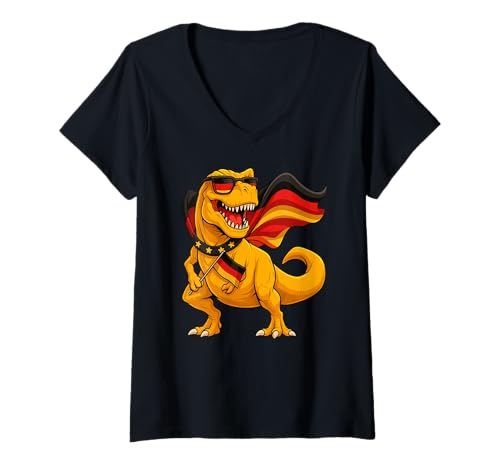 Damen Gelbe Dinosaurier Trex Deutschlandflagge Jungen Mädchen Kinder T-Shirt mit V-Ausschnitt Damen Gelbe Dinosaurier Trex Deutschlandflagge Jungen Mädchen Kinder T-Shirt mit V-Ausschnitt von DinosaurAxis1