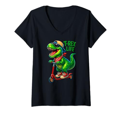 Damen Lustiger Dinosaurier Trex Life Reitscooter Jungen Mädchen Kinder T-Shirt mit V-Ausschnitt von DinosaurAxis1