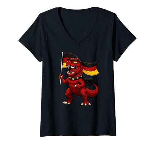 Damen Red Trex Dinosaurier Deutschland Flagge Jungen Mädchen Kinder T-Shirt mit V-Ausschnitt Damen Red Trex Dinosaurier Deutschland Flagge Jungen Mädchen Kinder T-Shirt mit V-Ausschnitt von DinosaurAxis1