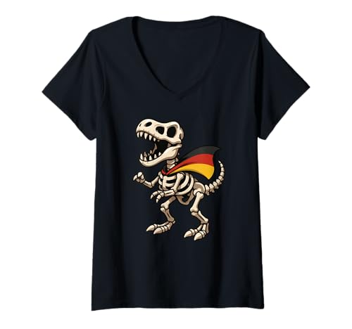 Damen Skelett Trex Dinosaurier Deutschland Flagge Halloween Jungen Mädchen Kind T-Shirt mit V-Ausschnitt Damen Skelett Trex Dinosaurier Deutschland Flagge Halloween Jungen Mädchen Kind T-Shirt mit V-Ausschnitt von DinosaurAxis1