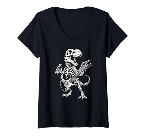 Damen Skelett Trex Halloween Dinosaurier E-Gitarre Jungen Mädchen T-Shirt mit V-Ausschnitt Damen Skelett Trex Halloween Dinosaurier E-Gitarre Jungen Mädchen T-Shirt mit V-Ausschnitt von DinosaurAxis1