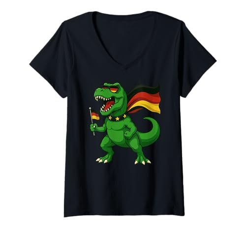 Damen Trex Dinosaurier Deutschland Flagge Jungen Mädchen Kinder T-Shirt mit V-Ausschnitt Damen Trex Dinosaurier Deutschland Flagge Jungen Mädchen Kinder T-Shirt mit V-Ausschnitt von DinosaurAxis1