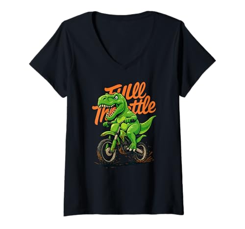 Damen Dinosaurier Trex Vollgas Motocross Dirt Bike Jungen Herren Kind T-Shirt mit V-Ausschnitt von DinosaurTrexAxis1