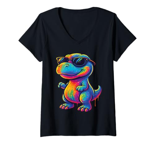 Damen Dino bunte Farben | Süßer Dinosaurier in Regenbogenfarben T-Shirt mit V-Ausschnitt Damen Dino bunte Farben | Süßer Dinosaurier in Regenbogenfarben T-Shirt mit V-Ausschnitt von Dinosaurier Designer Designs