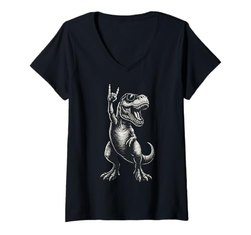 Damen Cooler Dinosaurier Rockmusik Sonnenbrille T Rex T-Shirt mit V-Ausschnitt Damen Cooler Dinosaurier Rockmusik Sonnenbrille T Rex T-Shirt mit V-Ausschnitt von Dinosaurier Dino Rockhand Musik