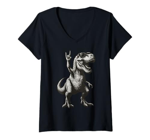 Damen Cooler Dinosaurier Rockmusik Sonnenbrille T Rex T-Shirt mit V-Ausschnitt von Dinosaurier Dino Rockhand Musik