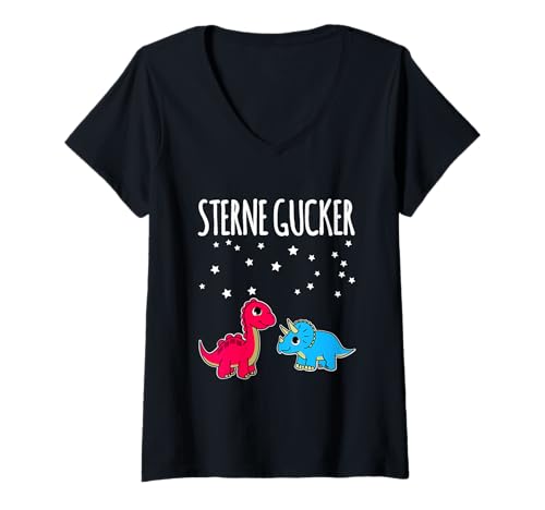 Damen Dino Sterne Gucker T-Shirt mit V-Ausschnitt von Dinosaurier Geschenke für Damen Herren Kinder