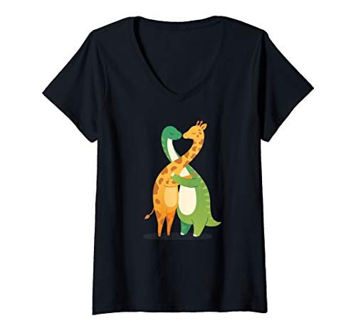 Damen Dinosaurier Dino T Rex Giraffe Liebespaar Valentinstag T-Shirt mit V-Ausschnitt von Dinosaurier Giraffe Dino T Rex Valentinstag