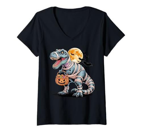 Damen Halloween Dinosaurier Mumie T rex Kürbis gruselig Kostüm T-Shirt mit V-Ausschnitt von Dinosaurier Halloween Mädchen Jungen Mann Frau