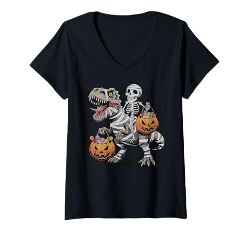 Damen Halloween Dinosaurier Mumie T rex Kürbis gruselig Kostüm T-Shirt mit V-Ausschnitt von Dinosaurier Halloween Mädchen Jungen Mann Frau
