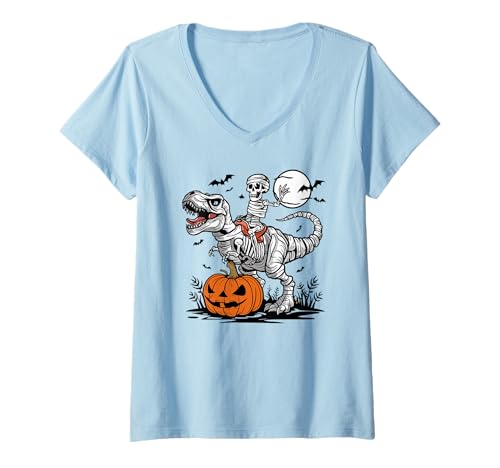 Damen Halloween Dinosaurier Mumie T rex Kürbis gruselig Kostüm T-Shirt mit V-Ausschnitt von Dinosaurier Halloween Mädchen Jungen Mann Frau