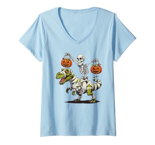 Damen Halloween Dinosaurier Mumie T rex Kürbis gruselig Kostüm T-Shirt mit V-Ausschnitt von Dinosaurier Halloween Mädchen Jungen Mann Frau