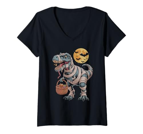 Damen Halloween Dinosaurier Mumie T rex Kürbis gruselig Kostüm T-Shirt mit V-Ausschnitt von Dinosaurier Halloween Mädchen Jungen Mann Frau