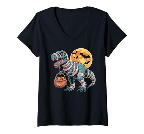 Damen Halloween Dinosaurier Mumie T rex Kürbis gruselig Kostüm T-Shirt mit V-Ausschnitt von Dinosaurier Halloween Mädchen Jungen Mann Frau