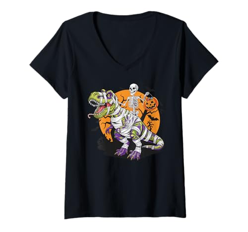 Damen Halloween Dinosaurier Mumie T rex Kürbis gruselig Kostüm T-Shirt mit V-Ausschnitt von Dinosaurier Halloween Mädchen Jungen Mann Frau