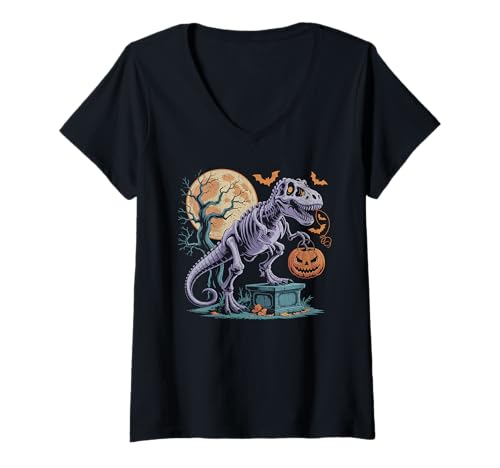 Damen Halloween Dinosaurier T rex Kürbis gruselig Kostüm Kinder T-Shirt mit V-Ausschnitt von Dinosaurier Halloween Mädchen Jungen Mann Frau