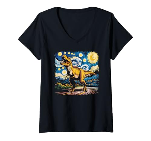 Damen T-Rex Dinosaurier Van Gogh Stil T-Shirt mit V-Ausschnitt Damen T-Rex Dinosaurier Van Gogh Stil T-Shirt mit V-Ausschnitt von Dinosaurier Kinder Erwachsene Familie