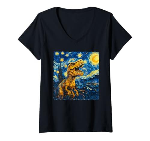 Damen T-Rex Dinosaurier Van Gogh Stil T-Shirt mit V-Ausschnitt Damen T-Rex Dinosaurier Van Gogh Stil T-Shirt mit V-Ausschnitt von Dinosaurier Kinder Erwachsene Familie