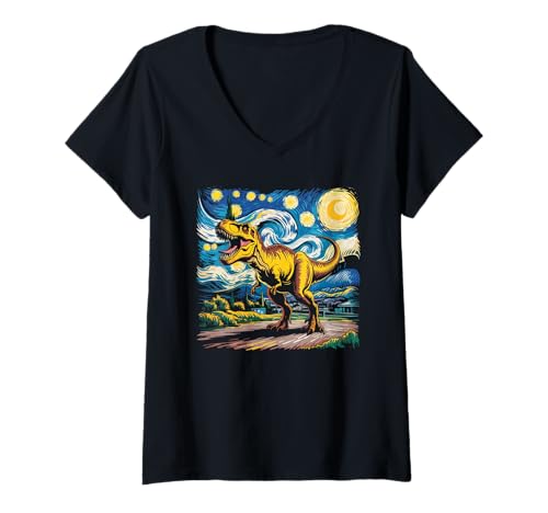 Damen T-Rex Dinosaurier Van Gogh Stil T-Shirt mit V-Ausschnitt Damen T-Rex Dinosaurier Van Gogh Stil T-Shirt mit V-Ausschnitt von Dinosaurier Kinder Erwachsene Familie