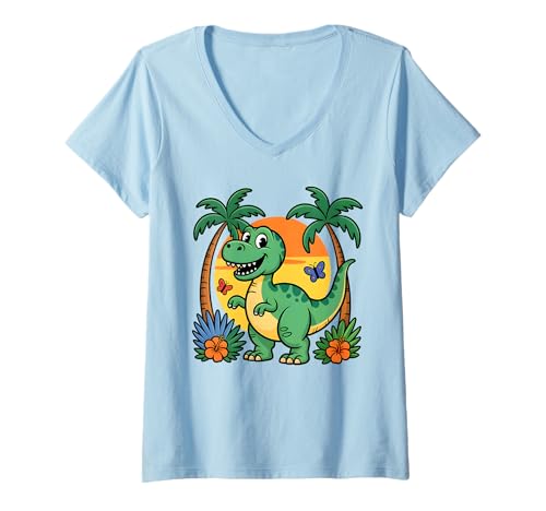 Damen Süßes Cartoon Dinosaurier T-Rex mit Palmen und Blumen T-Shirt mit V-Ausschnitt von Dinosaurier Liebhaber T-Rex Dschungel Spaß