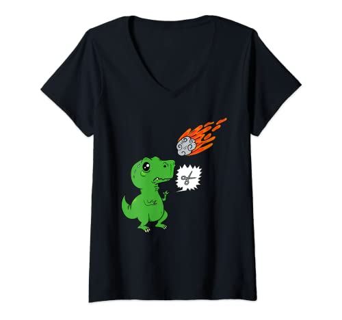 Damen Lustiges T-Rex Dinosaurier Meteoriten Stein Schere Papier T-Shirt mit V-Ausschnitt von Dinosaurier Meteoriten Kleidung
