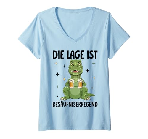 Damen Die Lage Ist Besäufniserregend Saurier Dino T-Rex T-Shirt mit V-Ausschnitt von Dinosaurier Outfits für Party und Kneipentour