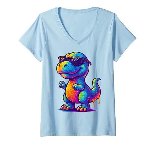 Damen Bunter Dino Dinosaurier Retro Cool Fun T-Shirt mit V-Ausschnitt Damen Bunter Dino Dinosaurier Retro Cool Fun T-Shirt mit V-Ausschnitt von Dinosaurier Retro Kollektion