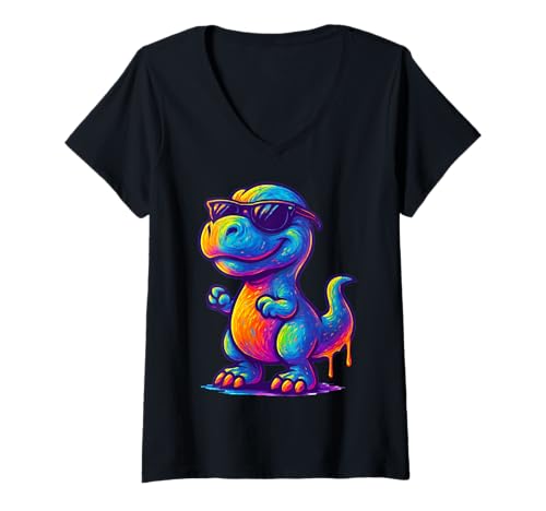 Damen Bunter Neon Dinosaurier Retro Cool Fun T-Shirt mit V-Ausschnitt Damen Bunter Neon Dinosaurier Retro Cool Fun T-Shirt mit V-Ausschnitt von Dinosaurier Retro Kollektion