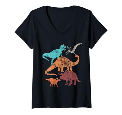 Damen Dinosaurier Retro Vintage T-Shirt mit V-Ausschnitt von Dinosaurier Retro Vintage Geschenk