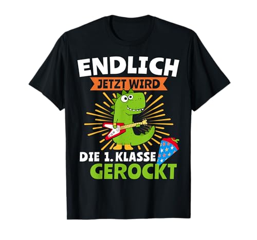 Einschulung Kinder 1. erster Schultag Dinos Schultüte Rocker T-Shirt von Dinosaurier Schulkind gerockt Schulstart 1. Klasse