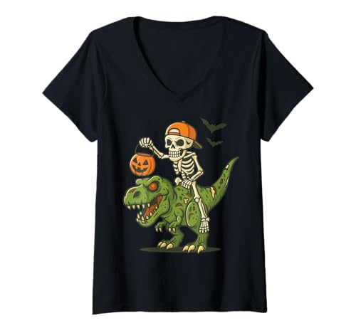Damen Skelett Dinosaurier Halloween T Rex Süß Kinder T-Shirt mit V-Ausschnitt von Dinosaurier Skelett Halloween T rex Gruselig
