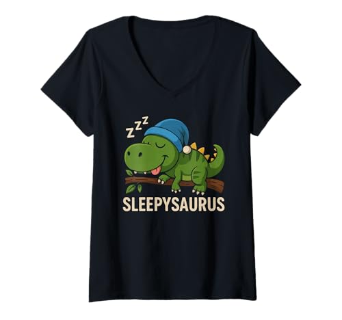 Damen Lustiger Dinosaurier Sleepysaurus Schlafshirt Morgenmuffel T-Shirt mit V-Ausschnitt von Dinosaurier Sprüche Schlafshirts Nachtshirts
