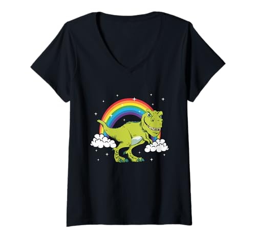 Damen T-Rex Tyrannosaurus Rex Dinosaurier Regenbogenwolken Stars T-Shirt mit V-Ausschnitt Damen T-Rex Tyrannosaurus Rex Dinosaurier Regenbogenwolken Stars T-Shirt mit V-Ausschnitt von Dinosaurier Star