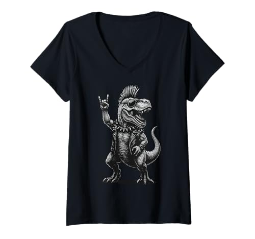 Damen Dinosaurier Rock Sonnenbrille Punk Cooler T Rex T-Shirt mit V-Ausschnitt von Dinosaurier T rex Rockmusik Rockband