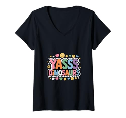 Damen Yasss Dinosaurs Reptilienliebhaber Kindertiere |- T-Shirt mit V-Ausschnitt von Dinosaurierliebhaber Aufregung