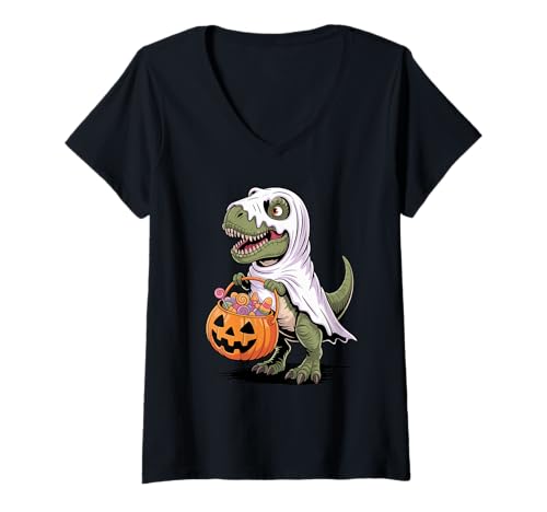 Damen Halloween Dinosaurier Geist Kürbis Tyrannosaurus Rex T-Shirt mit V-Ausschnitt von Dinosaurs Dinosaur Lover Gifts