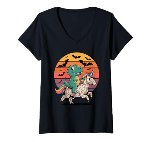 Damen Halloween Mumie Einhorn T-Rex Dinosaurier Tyrannosaurus Rex T-Shirt mit V-Ausschnitt von Dinosaurs Dinosaur Lover Gifts