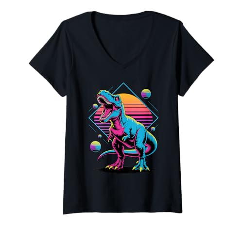 Damen Retro Synthwave T-Rex Dinosaurier Tyrannosaurus Rex T-Shirt mit V-Ausschnitt von Dinosaurs Dinosaur Lover Gifts