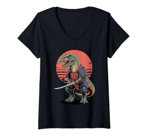 Damen Samurai T-Rex Dinosaurier Katana Schwert Tyrannosaurus Rex T-Shirt mit V-Ausschnitt von Dinosaurs Dinosaur Lover Gifts