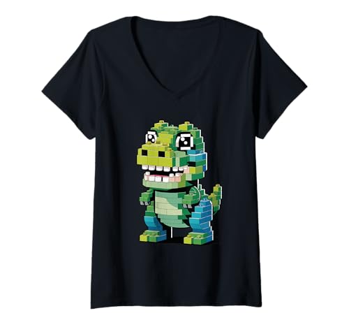 Damen Spielzeug Bausteine T-Rex Dinosaurier Tyrannosaurus Rex T-Shirt mit V-Ausschnitt von Dinosaurs Dinosaur Lover Gifts