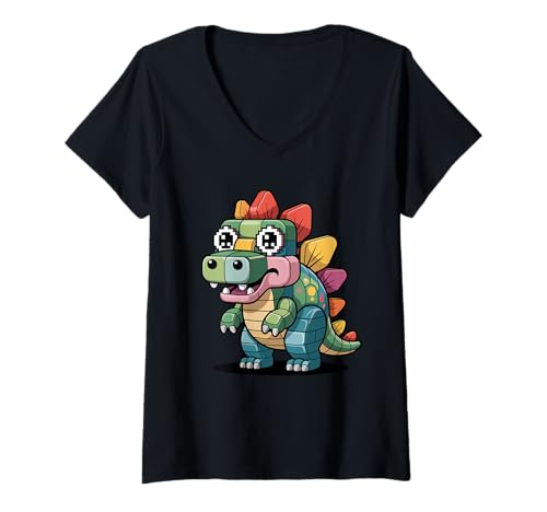 Damen Stegosaurus Spielzeugbausteine Dinosaurier T-Shirt mit V-Ausschnitt von Dinosaurs Dinosaur Lover Gifts