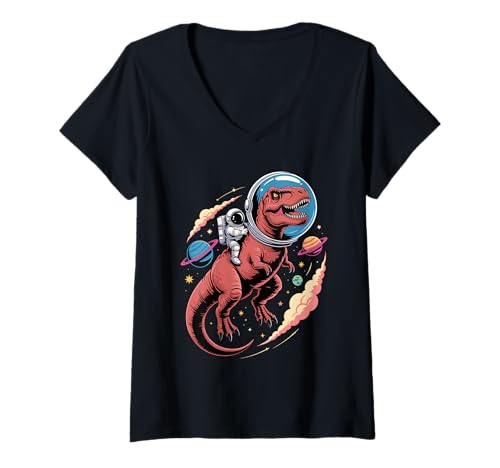 Damen T-Rex Astronaut Tyrannosaurus Rex Planeten Sonnensystem T-Shirt mit V-Ausschnitt von Dinosaurs Dinosaur Lover Gifts