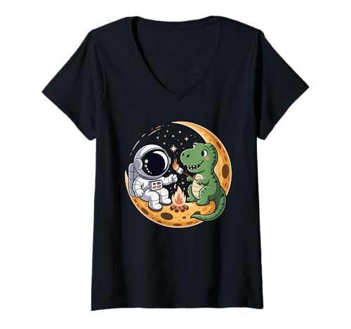 Damen T-Rex Dinosaurier Astronaut Lagerfeuer Camping Sichelmond T-Shirt mit V-Ausschnitt von Dinosaurs Dinosaur Lover Gifts