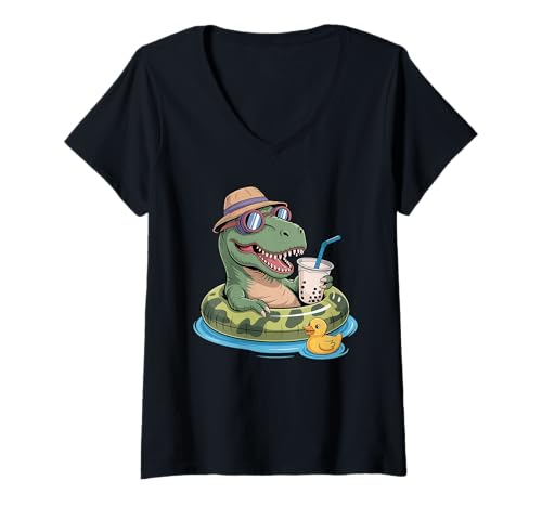 Damen T-Rex Dinosaurier Boba Perlen Milchtee Tyrannosaurus Rex T-Shirt mit V-Ausschnitt von Dinosaurs Dinosaur Lover Gifts